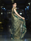 Banarasee Pure Tissue Silk Saree With Applique Cutwork Floral Embroidery Border-Green (Gold Tone)