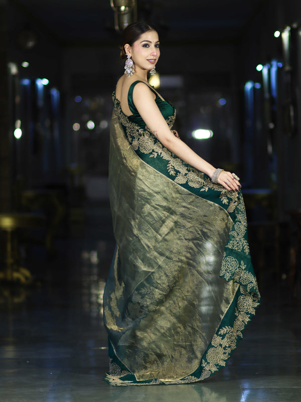 Banarasee Pure Tissue Silk Saree With Applique Cutwork Floral Embroidery Border-Green (Gold Tone)