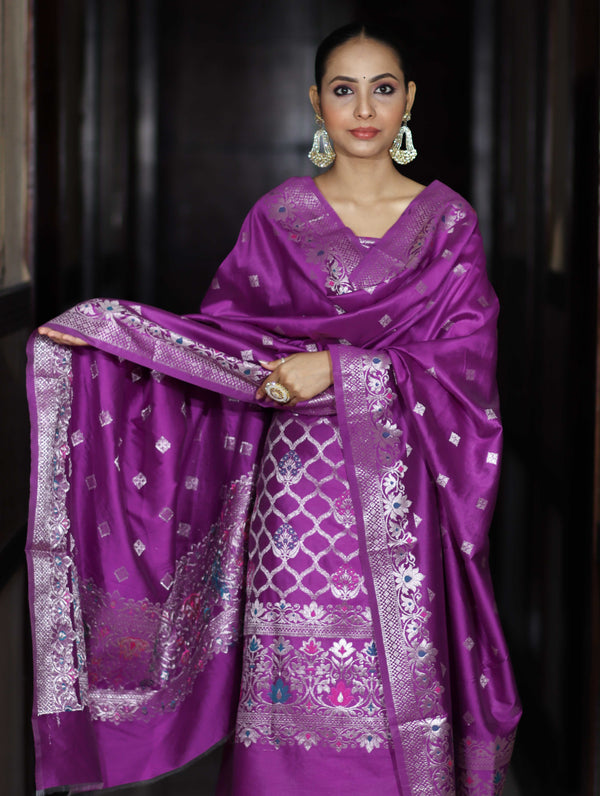 Banarasee Semi-Silk Silver Zari Work Salwar Kameez Fabric With Dupatta Set-Violet