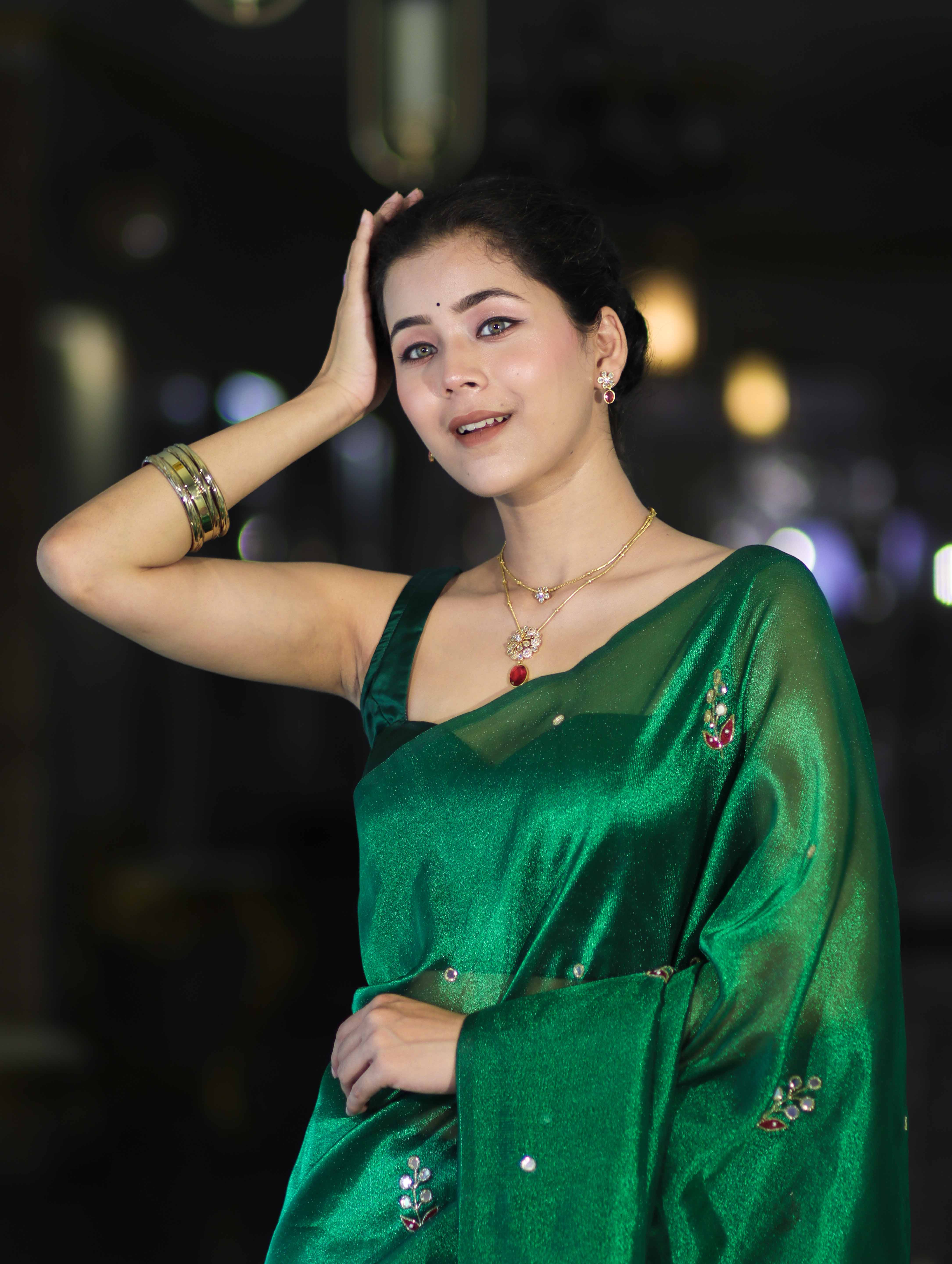 Banarasee Handwoven Tissue Saree With Floral Motifs & Mirror Work-Green