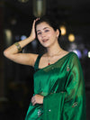 Banarasee Handwoven Tissue Saree With Floral Motifs & Mirror Work-Green