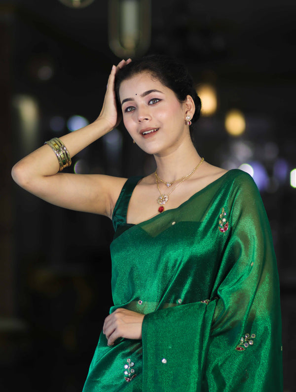 Banarasee Handwoven Tissue Saree With Floral Motifs & Mirror Work-Green