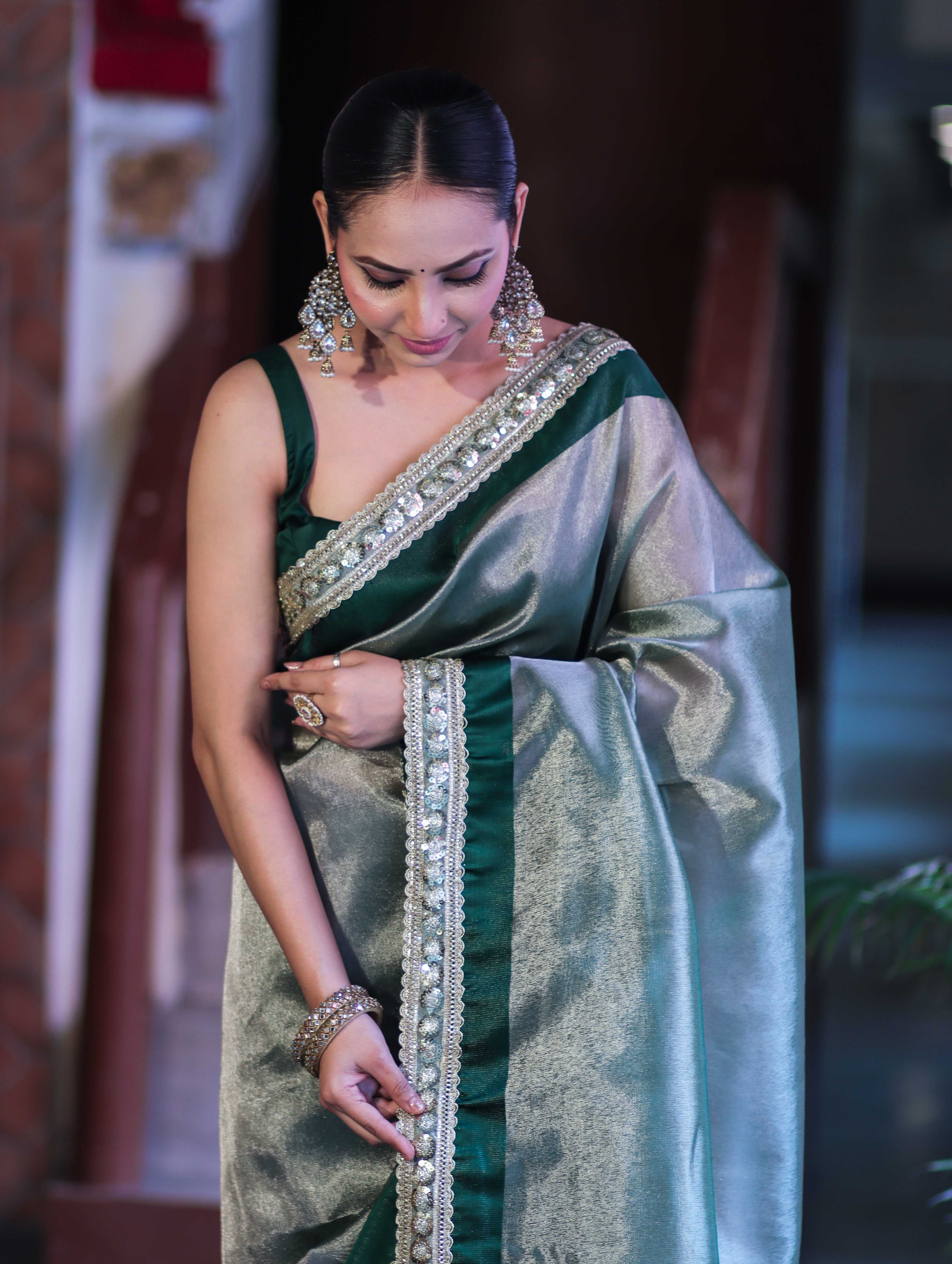 Banarasee Handloom Plain Tissue Saree With Lace Border-Green