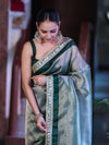 Banarasee Handloom Plain Tissue Saree With Lace Border-Green