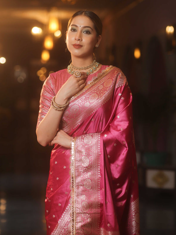Banarasee Handloom Mashru Silk Saree Zari Border With Lace-Pink