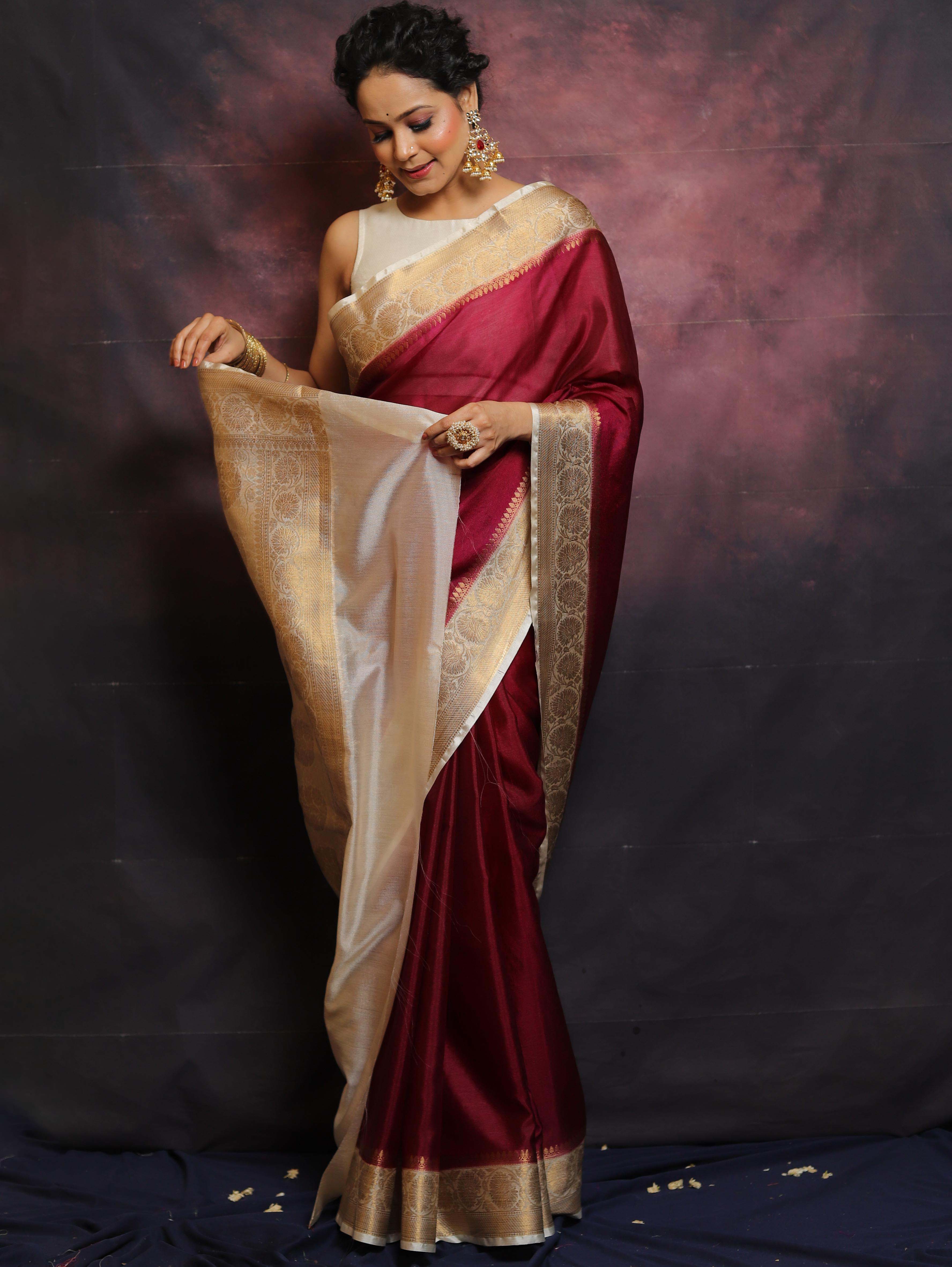 Banarasee Handwoven Semi Silk Plain Saree With Zari Contrast Border-Maroon & White