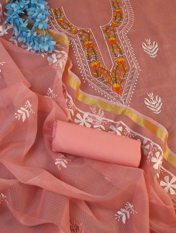 Banarasee Kota Doria Hand-Embroidered Salwar Kameez Dupatta Set-Peach