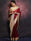 Banarasee Handwoven Semi Silk Plain Saree With Zari Contrast Border-Maroon & White