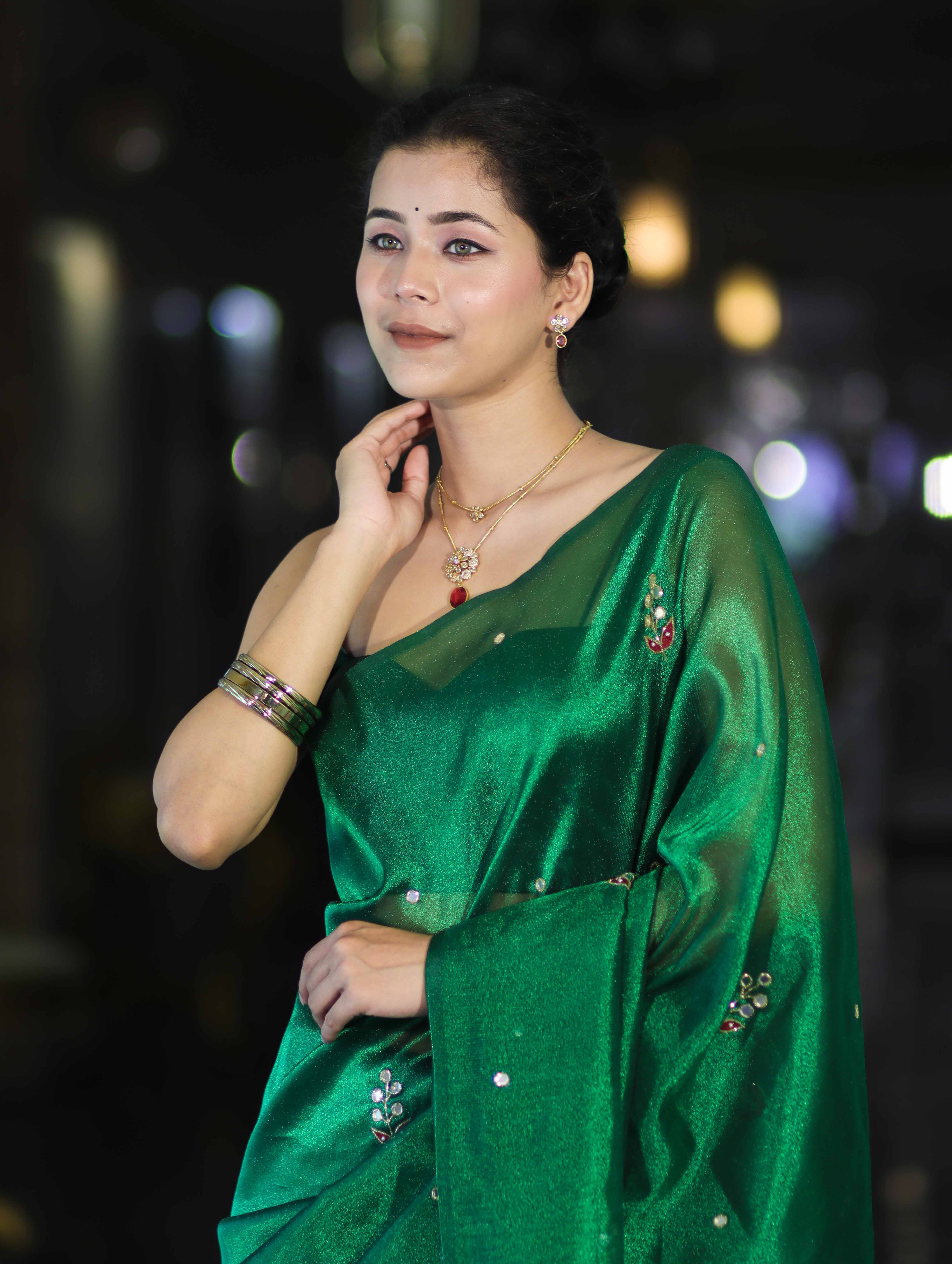 Banarasee Handwoven Tissue Saree With Floral Motifs & Mirror Work-Green