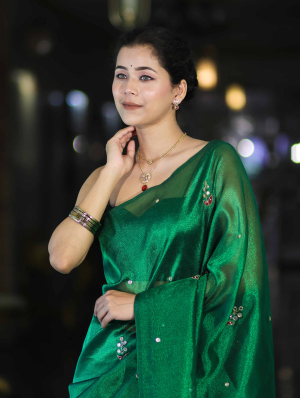 Banarasee Handwoven Tissue Saree With Floral Motifs & Mirror Work-Green
