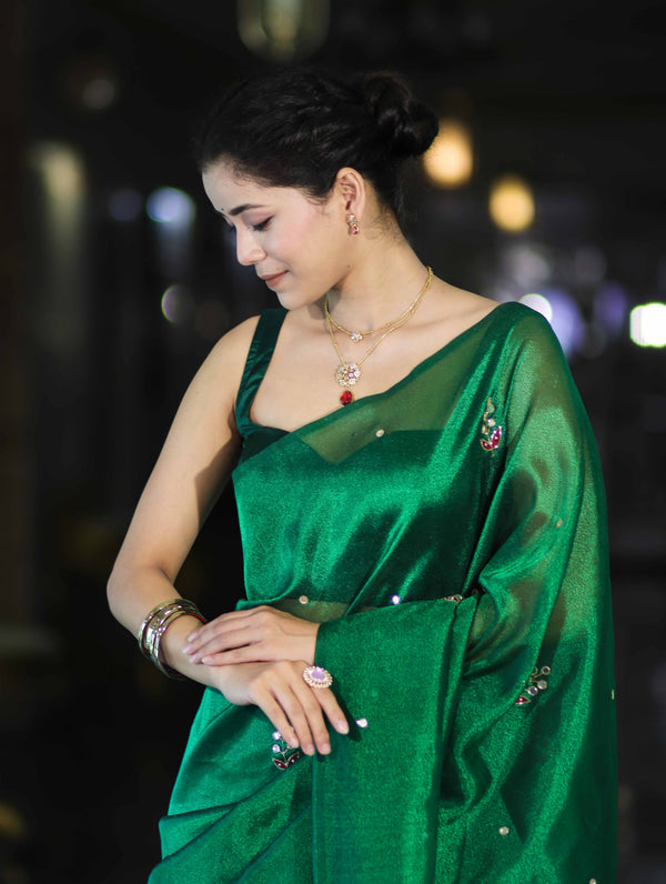 Banarasee Handwoven Tissue Saree With Floral Motifs & Mirror Work-Green