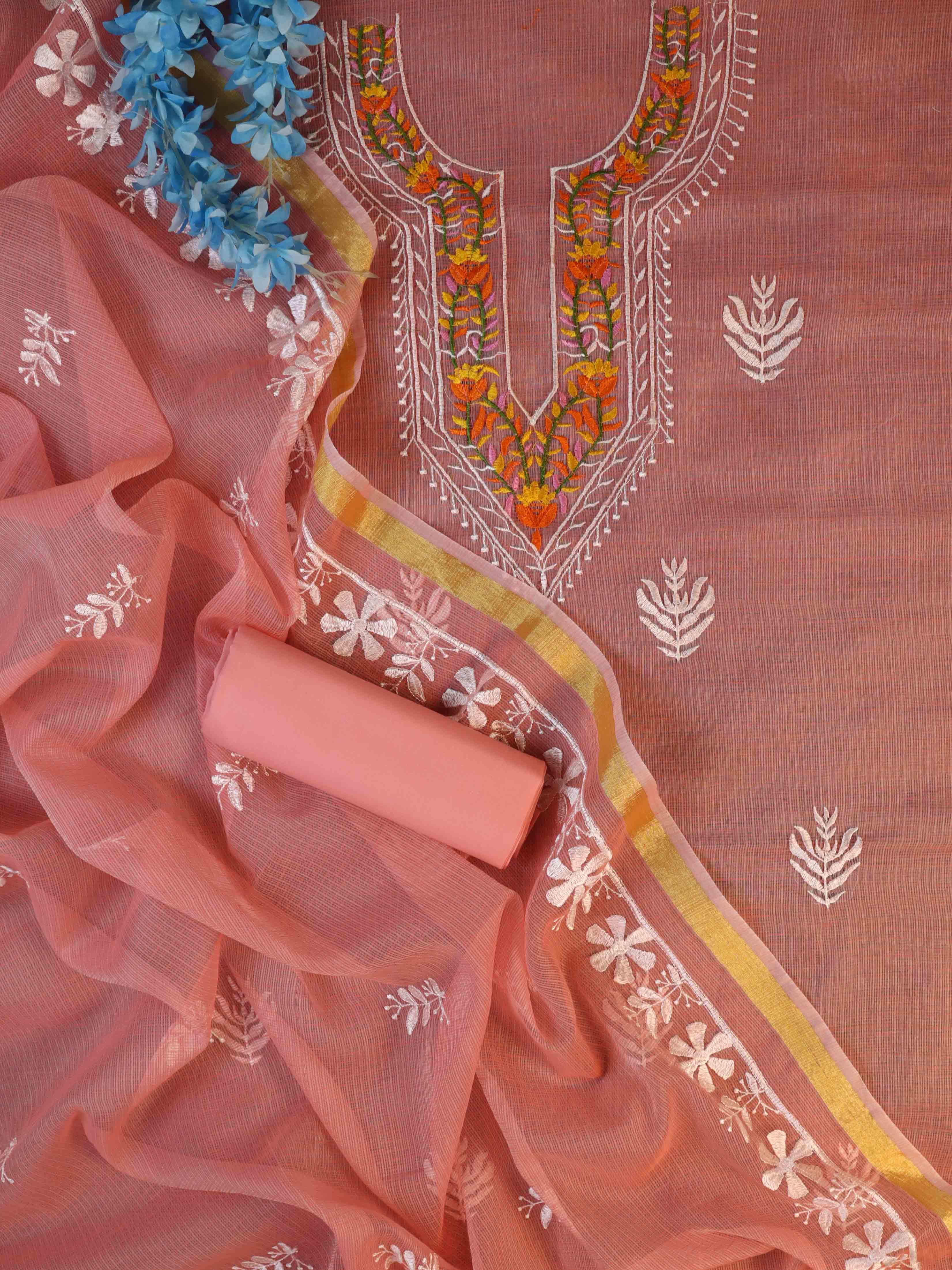 Banarasee Kota Doria Hand-Embroidered Salwar Kameez Dupatta Set-Peach