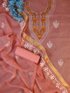 Banarasee Kota Doria Hand-Embroidered Salwar Kameez Dupatta Set-Peach