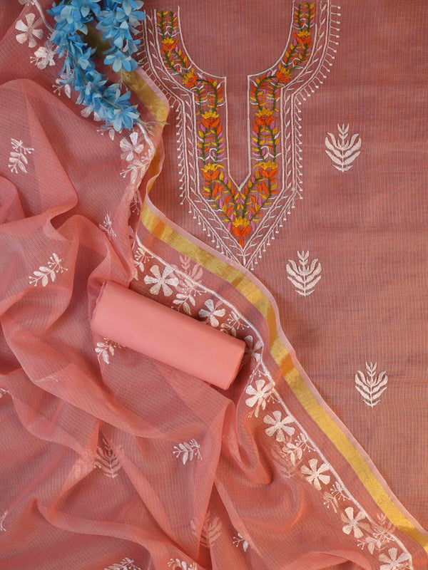 Banarasee Kota Doria Hand-Embroidered Salwar Kameez Dupatta Set-Peach