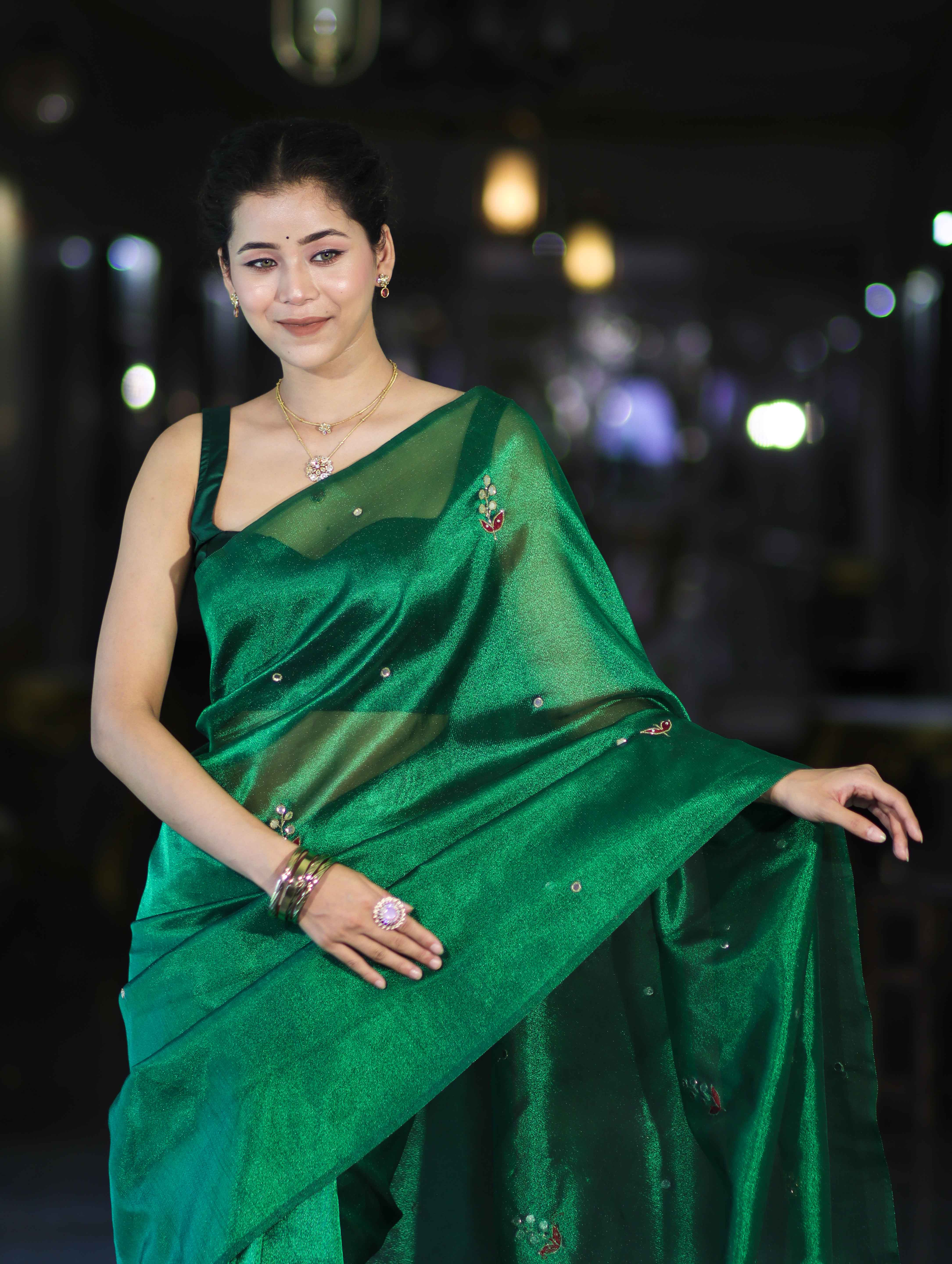 Banarasee Handwoven Tissue Saree With Floral Motifs & Mirror Work-Green