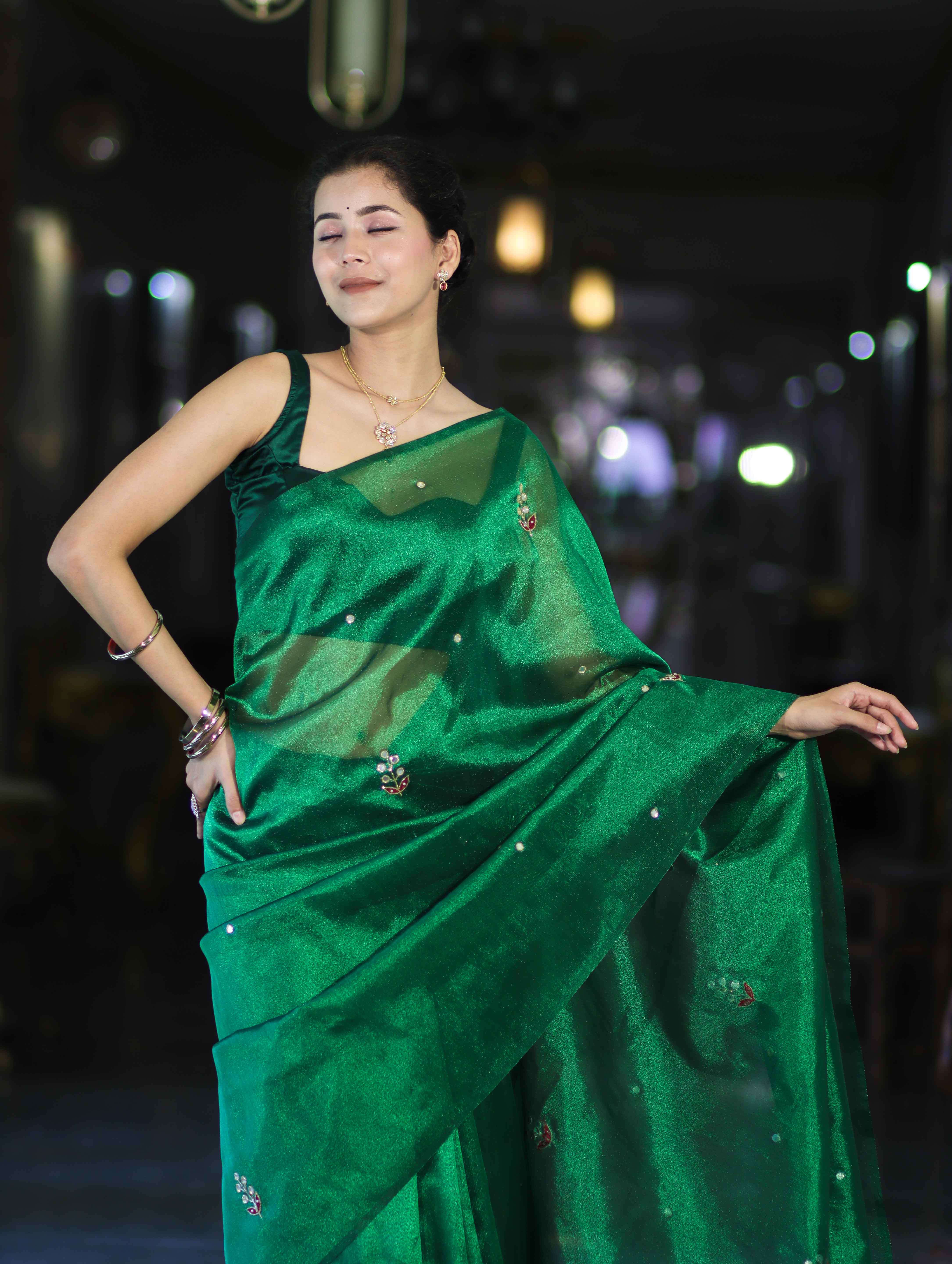 Banarasee Handwoven Tissue Saree With Floral Motifs & Mirror Work-Green