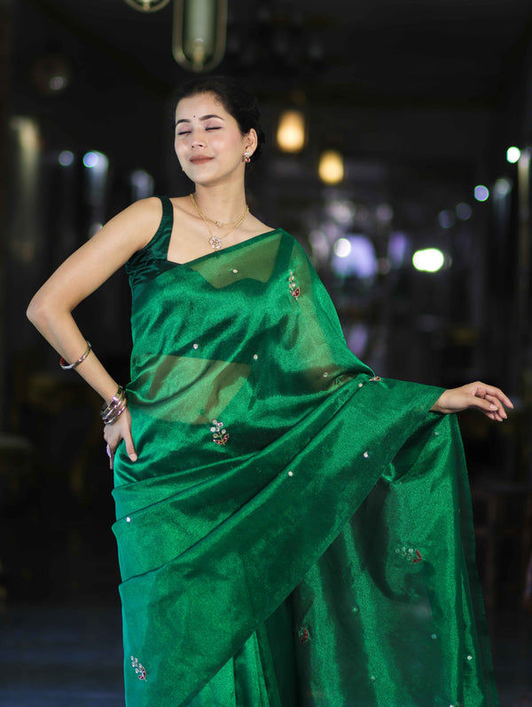 Banarasee Handwoven Tissue Saree With Floral Motifs & Mirror Work-Green