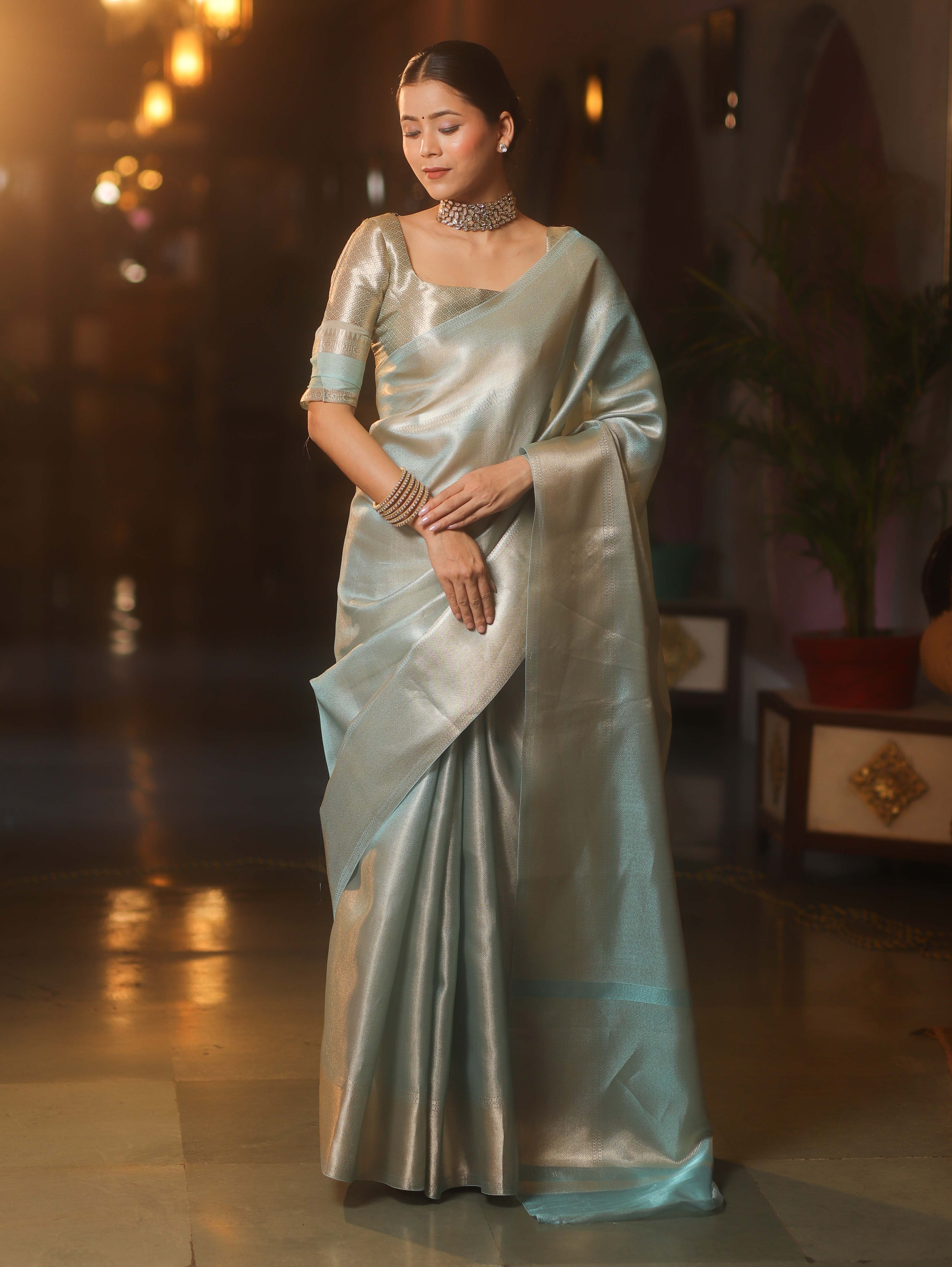 Banarasee Handwoven Tissue Zari Saree-Light Blue