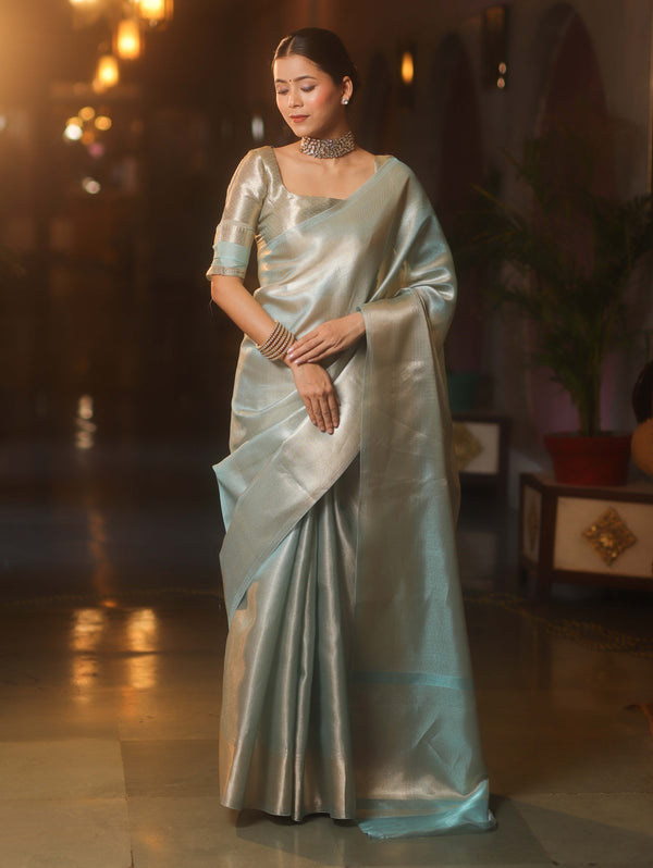 Banarasee Handwoven Tissue Zari Saree-Light Blue
