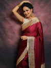 Banarasee Handwoven Semi Silk Plain Saree With Zari Contrast Border-Maroon & White