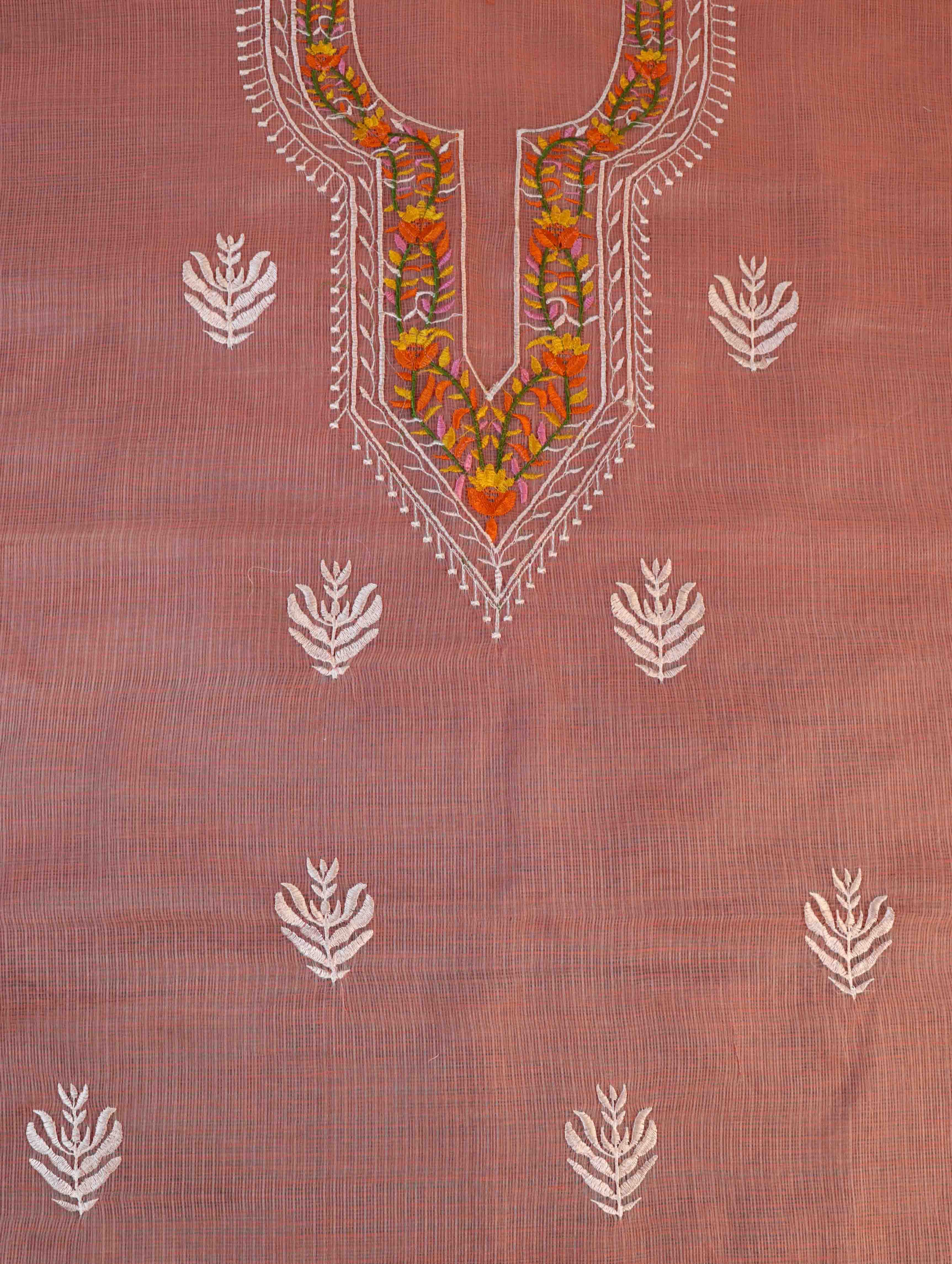 Banarasee Kota Doria Hand-Embroidered Salwar Kameez Dupatta Set-Peach
