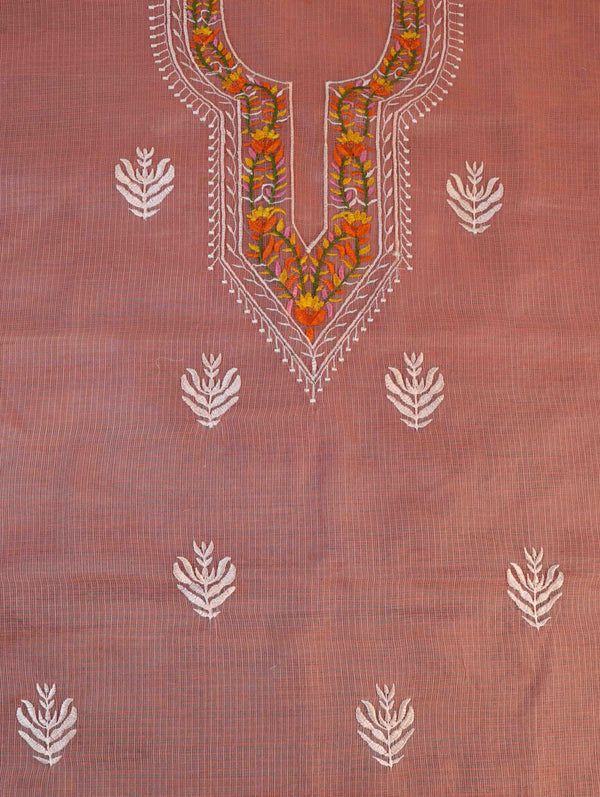 Banarasee Kota Doria Hand-Embroidered Salwar Kameez Dupatta Set-Peach