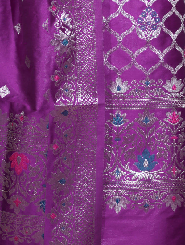 Banarasee Semi-Silk Silver Zari Work Salwar Kameez Fabric With Dupatta Set-Violet