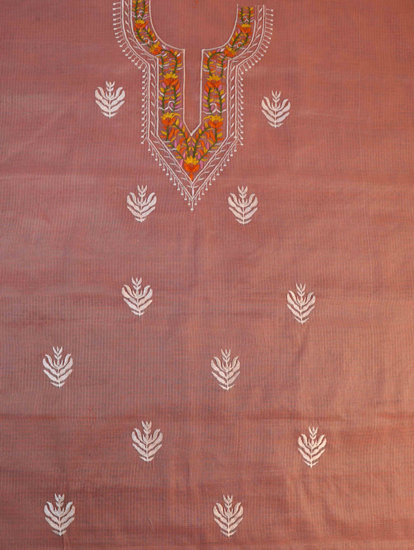 Banarasee Kota Doria Hand-Embroidered Salwar Kameez Dupatta Set-Peach