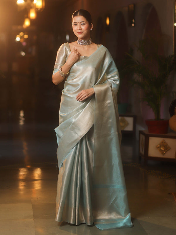Banarasee Handwoven Tissue Zari Saree-Light Blue