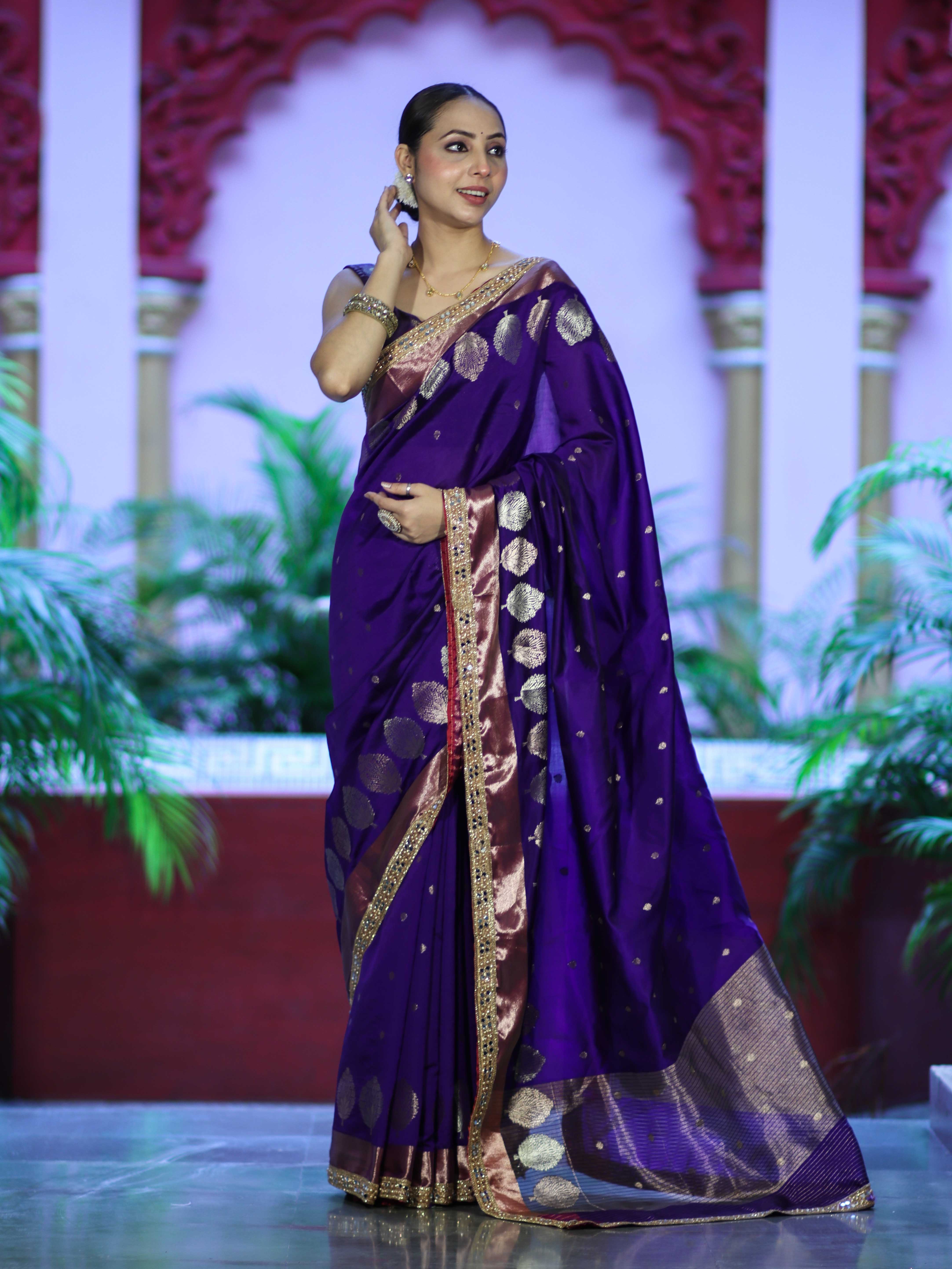 Banarasee Handloom Semi Silk Saree With Sona Rupa Zari Buti Design & Lace Border-Violet