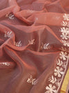 Banarasee Kota Doria Hand-Embroidered Salwar Kameez Dupatta Set-Peach