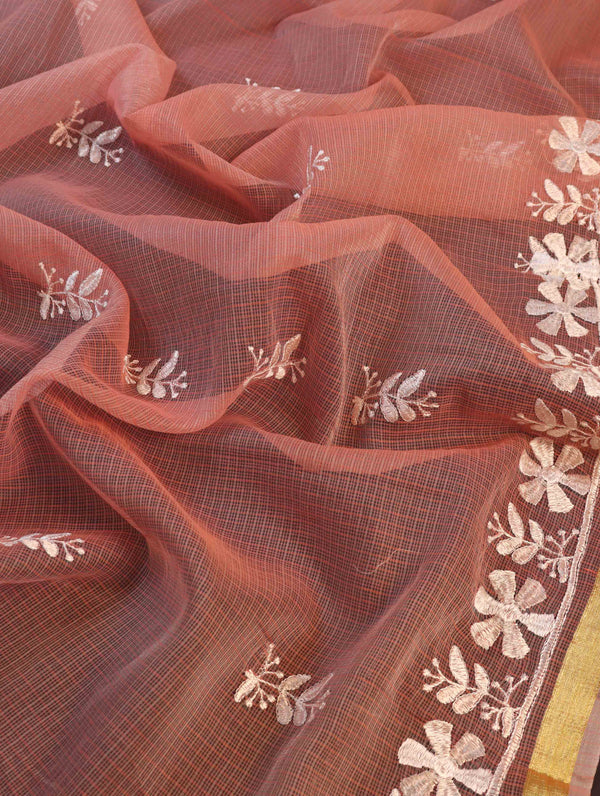 Banarasee Kota Doria Hand-Embroidered Salwar Kameez Dupatta Set-Peach