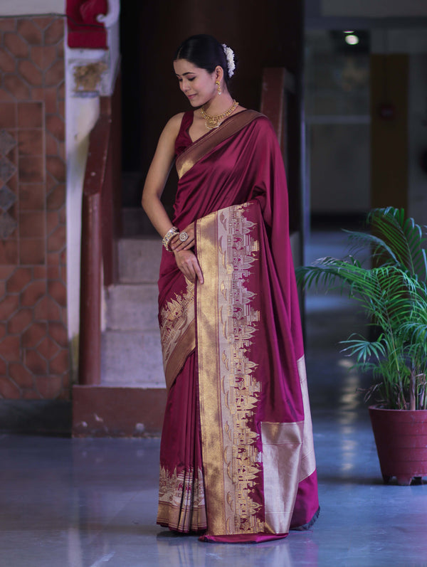 Banarasee Handloom Plain Semi Katan Saree With Ganga Ghat Zari Border-Burgundy