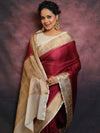 Banarasee Handwoven Semi Silk Plain Saree With Zari Contrast Border-Maroon & White