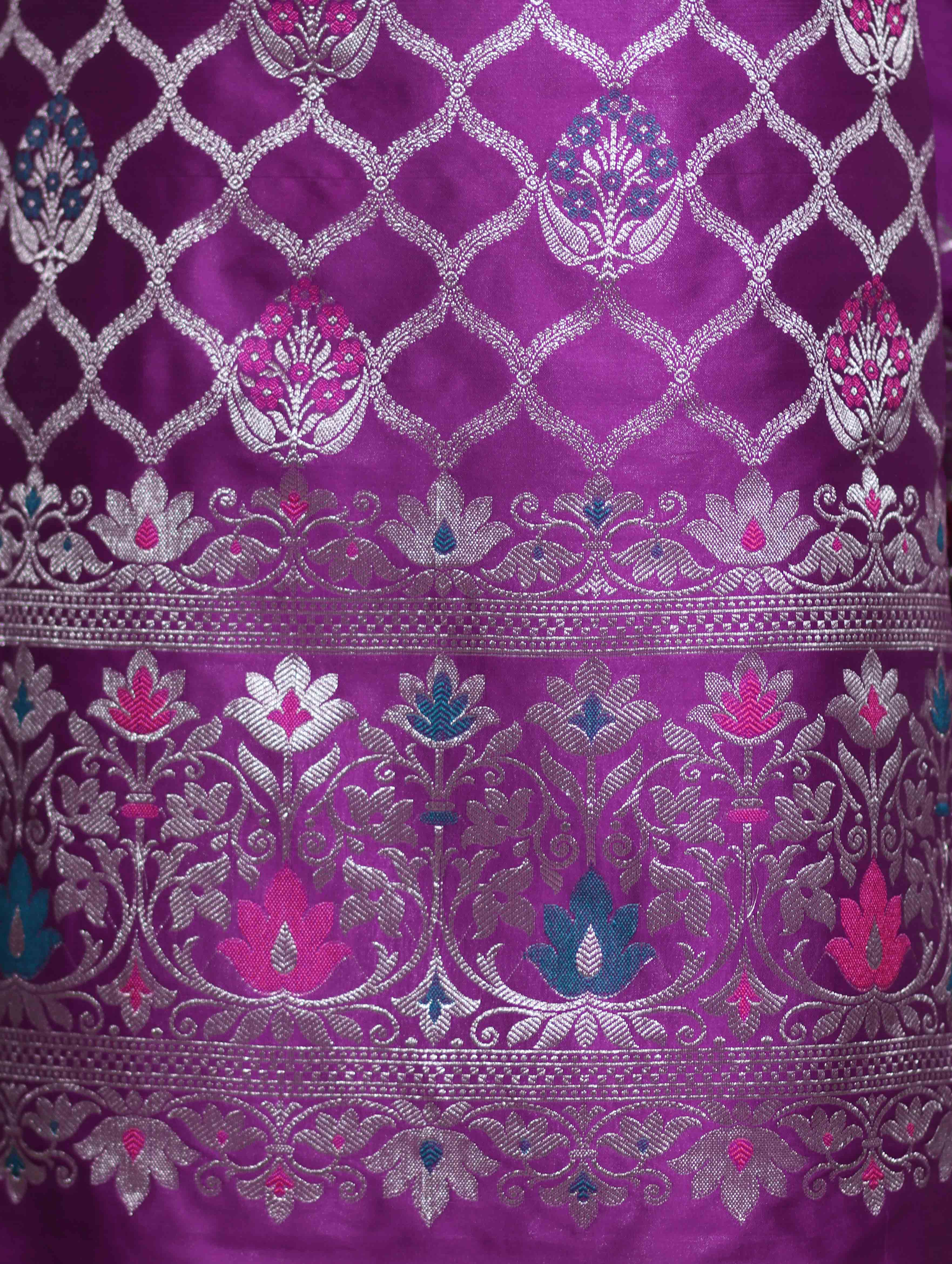 Banarasee Semi-Silk Silver Zari Work Salwar Kameez Fabric With Dupatta Set-Violet