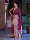 Banarasee Handloom Plain Semi Katan Saree With Ganga Ghat Zari Border-Burgundy