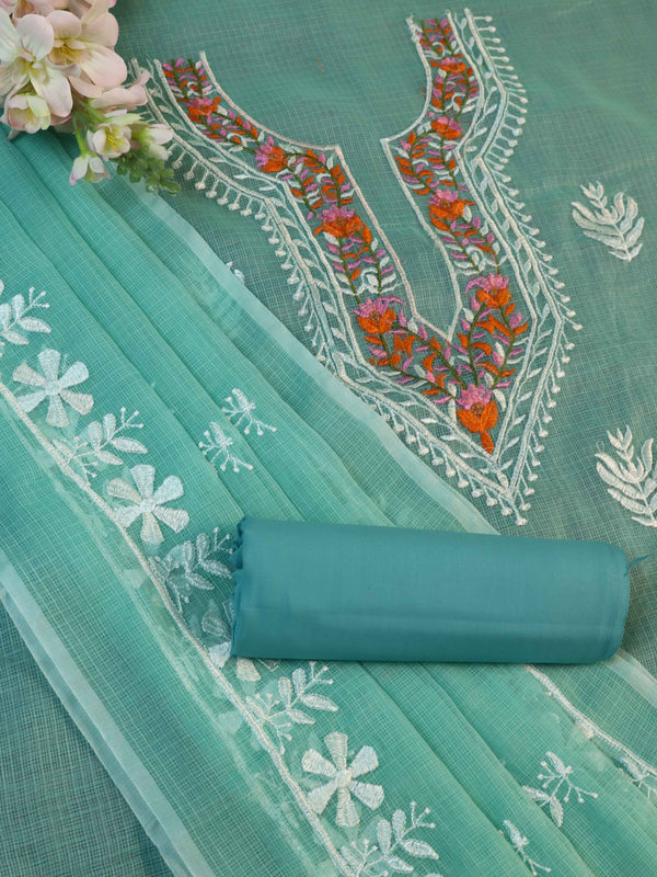 Banarasee Kota Doria Hand-Embroidered Salwar Kameez Dupatta Set-Sea Green