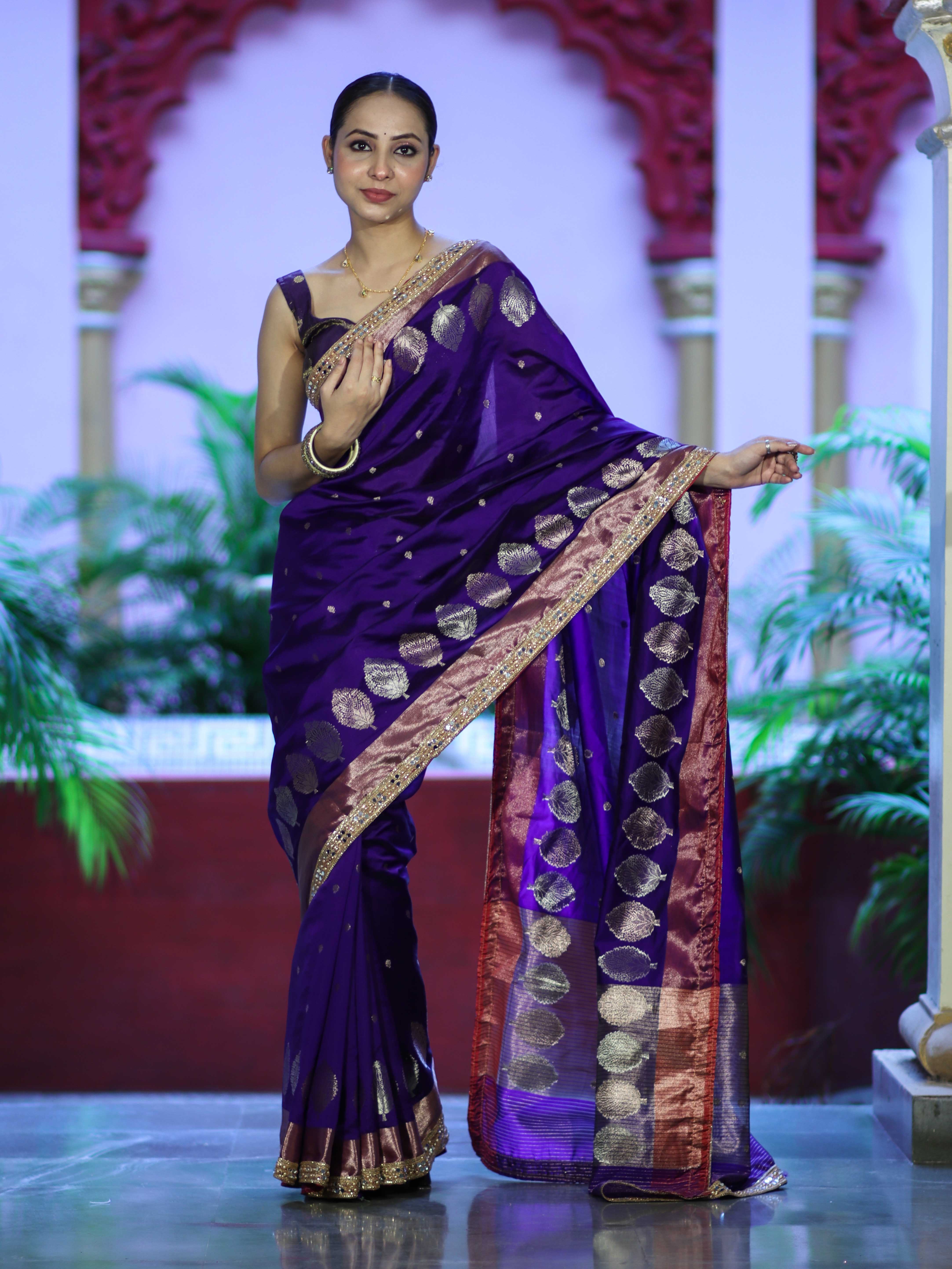 Banarasee Handloom Semi Silk Saree With Sona Rupa Zari Buti Design & Lace Border-Violet