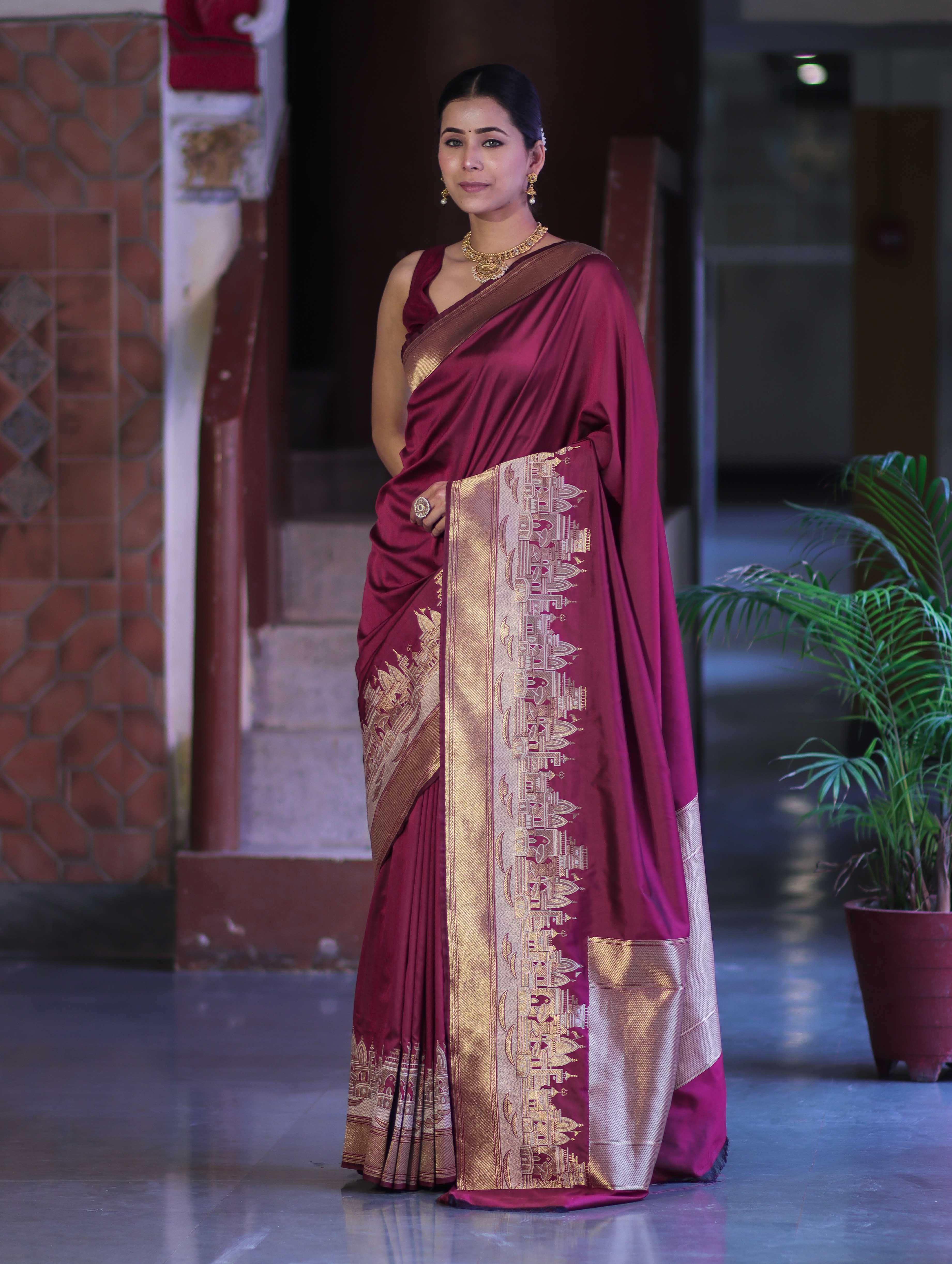 Banarasee Handloom Plain Semi Katan Saree With Ganga Ghat Zari Border-Burgundy