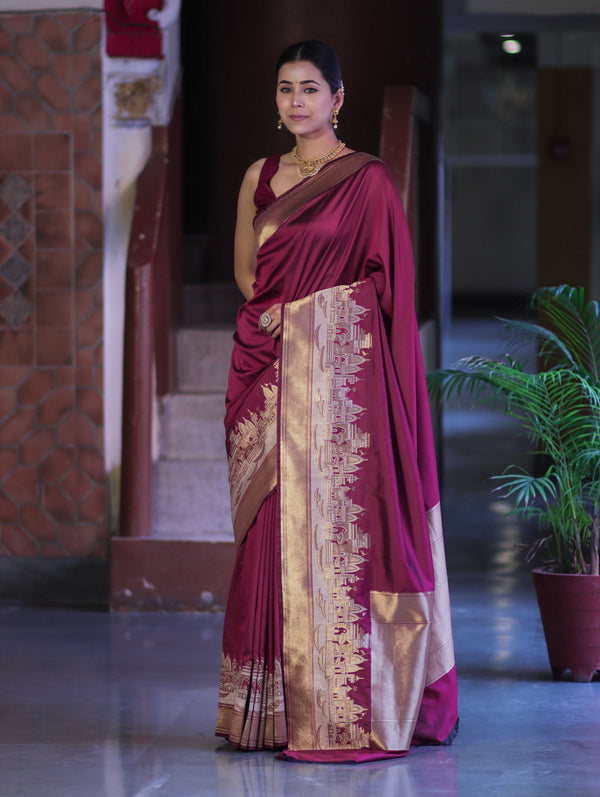 Banarasee Handloom Plain Semi Katan Saree With Ganga Ghat Zari Border-Burgundy
