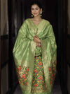 Banarasee Semi-Silk Zari & Resham Work Salwar Kameez Fabric With Dupatta Set-Light Green