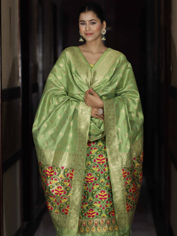 Banarasee Semi-Silk Zari & Resham Work Salwar Kameez Fabric With Dupatta Set-Light Green