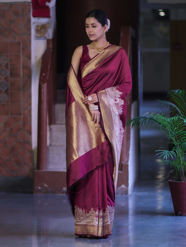 Banarasee Handloom Plain Semi Katan Saree With Ganga Ghat Zari Border-Burgundy