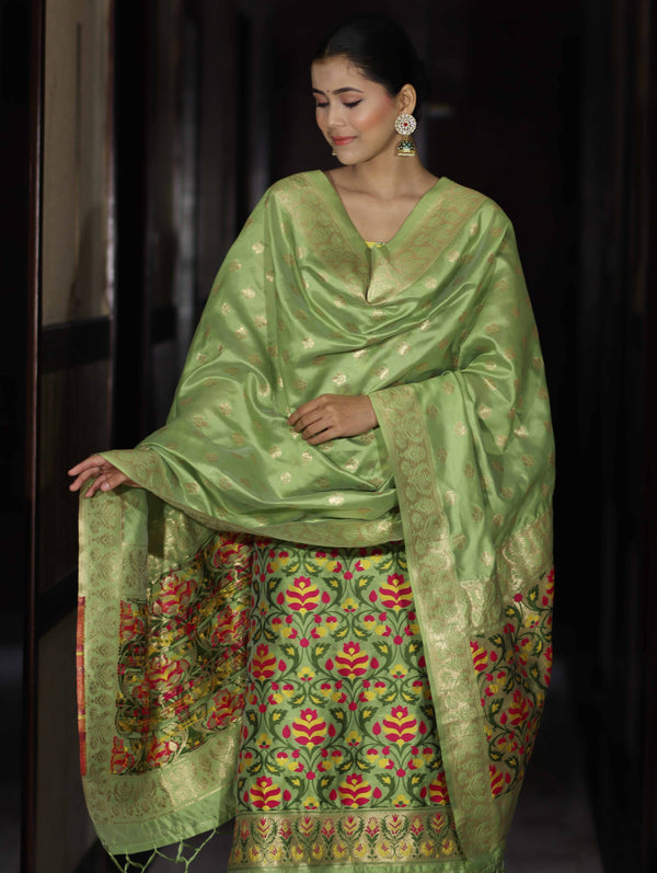 Banarasee Semi-Silk Zari & Resham Work Salwar Kameez Fabric With Dupatta Set-Light Green