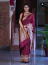 Banarasee Handloom Plain Semi Katan Saree With Ganga Ghat Zari Border-Burgundy