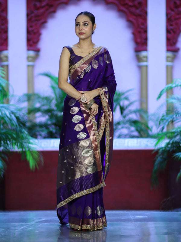 Banarasee Handloom Semi Silk Saree With Sona Rupa Zari Buti Design & Lace Border-Violet