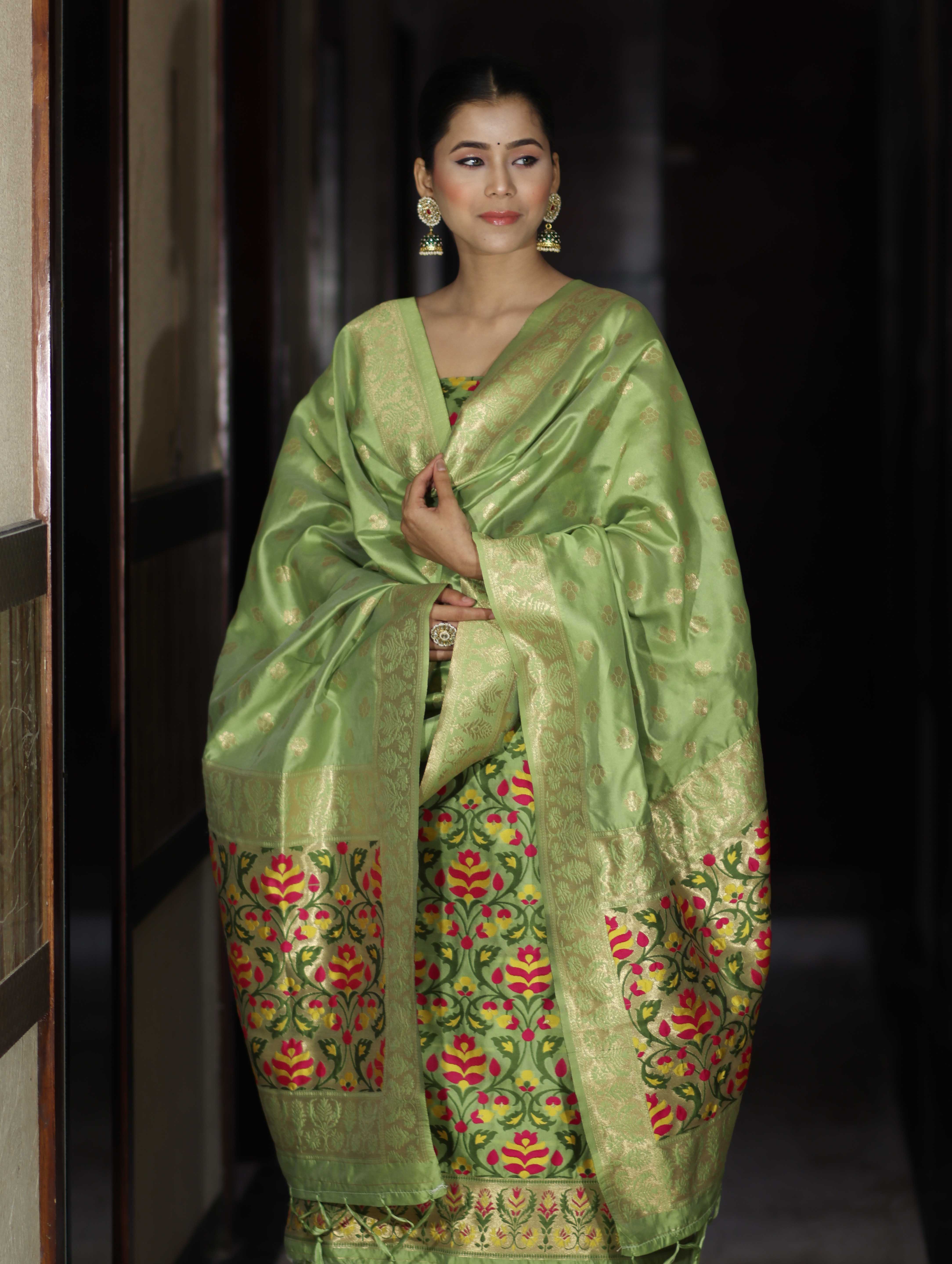 Banarasee Semi-Silk Zari & Resham Work Salwar Kameez Fabric With Dupatta Set-Light Green