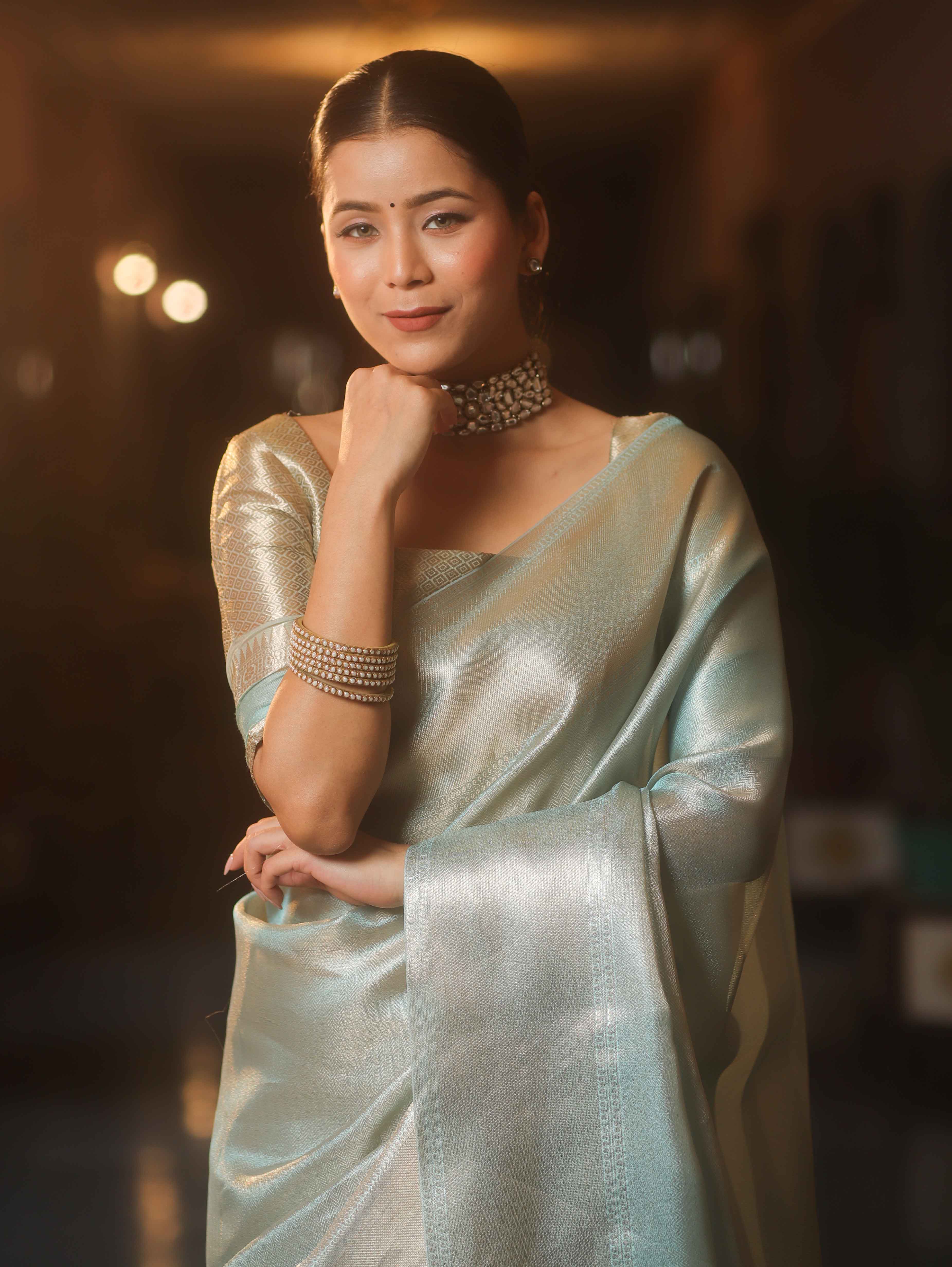 Banarasee Handwoven Tissue Zari Saree-Light Blue