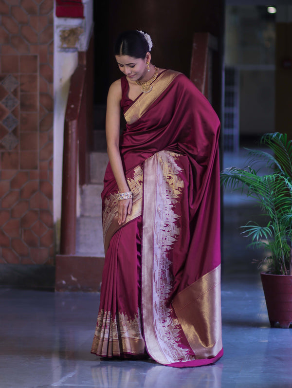Banarasee Handloom Plain Semi Katan Saree With Ganga Ghat Zari Border-Burgundy