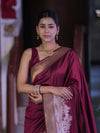 Banarasee Handloom Plain Semi Katan Saree With Ganga Ghat Zari Border-Burgundy